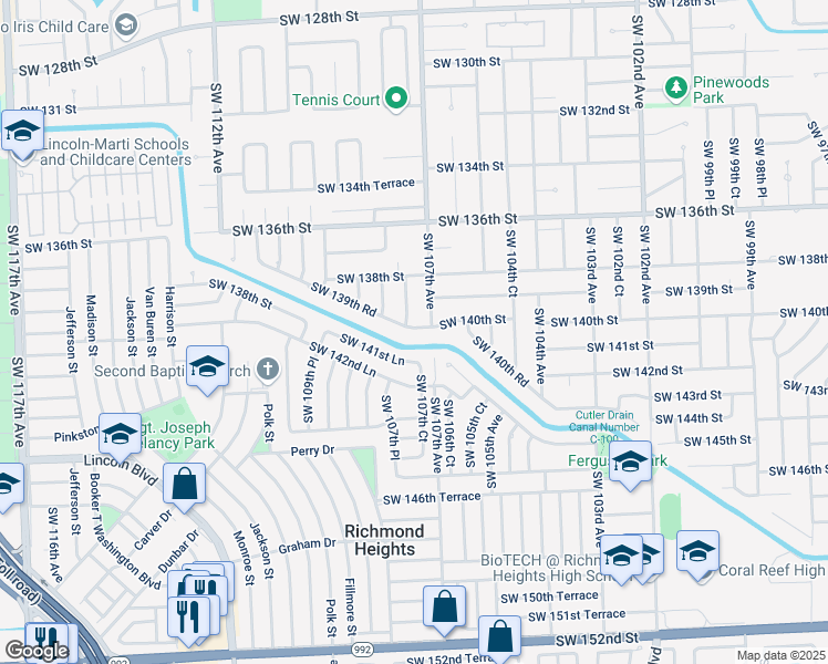 map of restaurants, bars, coffee shops, grocery stores, and more near 10720 Southwest 139th Road in Miami