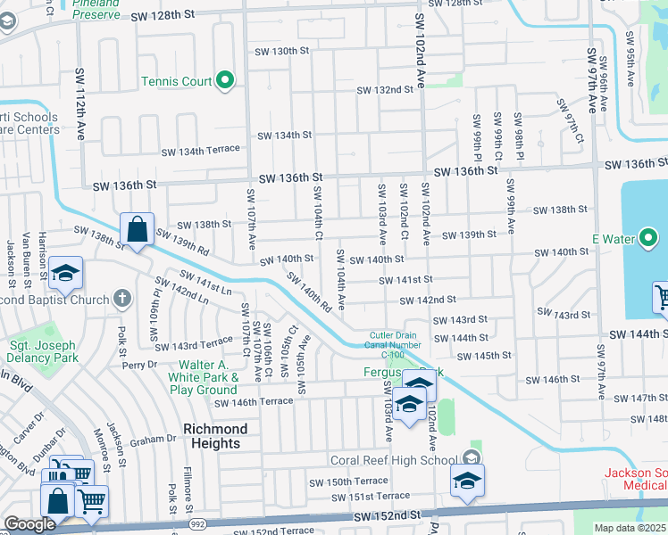 map of restaurants, bars, coffee shops, grocery stores, and more near 10381 Southwest 140th Street in Miami