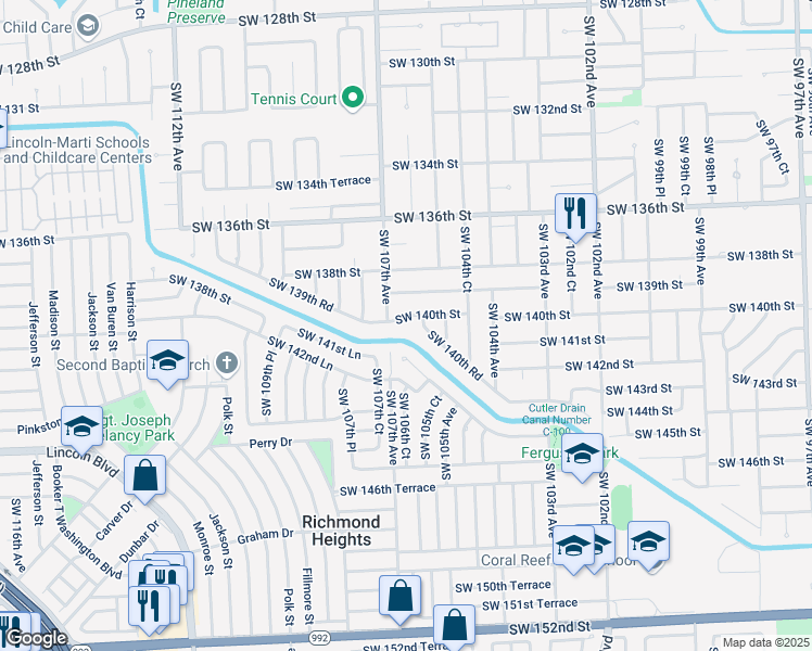 map of restaurants, bars, coffee shops, grocery stores, and more near 10561 Southwest 140th Street in Miami