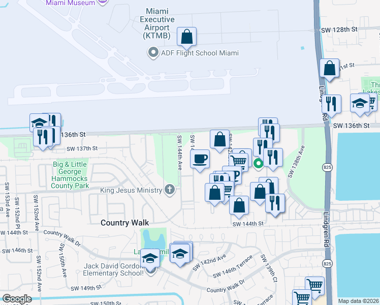 map of restaurants, bars, coffee shops, grocery stores, and more near 13991 Southwest 144th Avenue in Miami