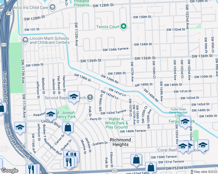 map of restaurants, bars, coffee shops, grocery stores, and more near 10850 Southwest 139th Road in Miami
