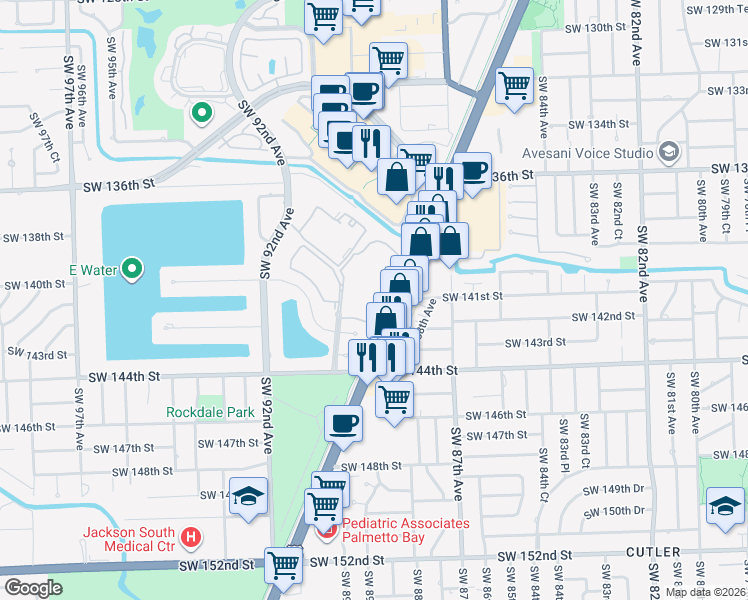 map of restaurants, bars, coffee shops, grocery stores, and more near South Dade Trail in Miami