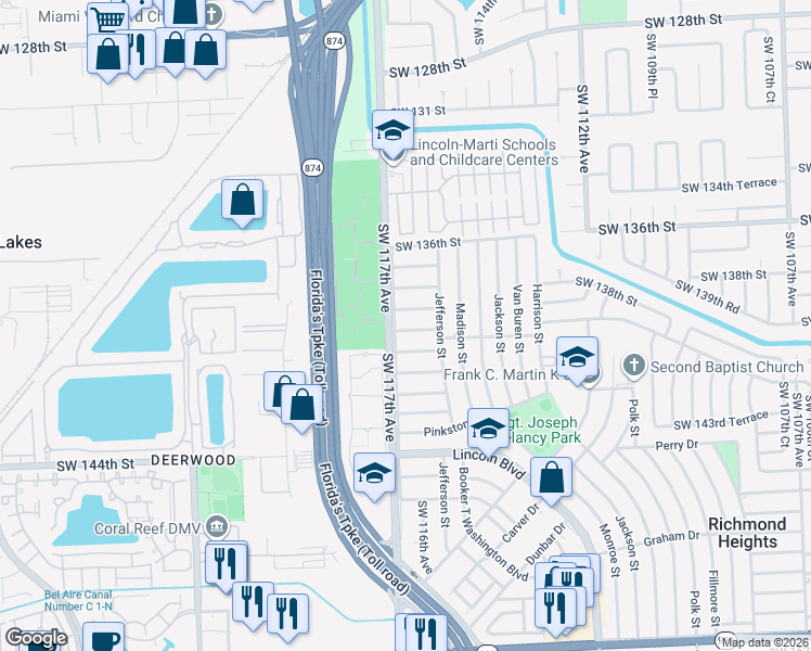 map of restaurants, bars, coffee shops, grocery stores, and more near 11600 Southwest 138th Terrace in Miami