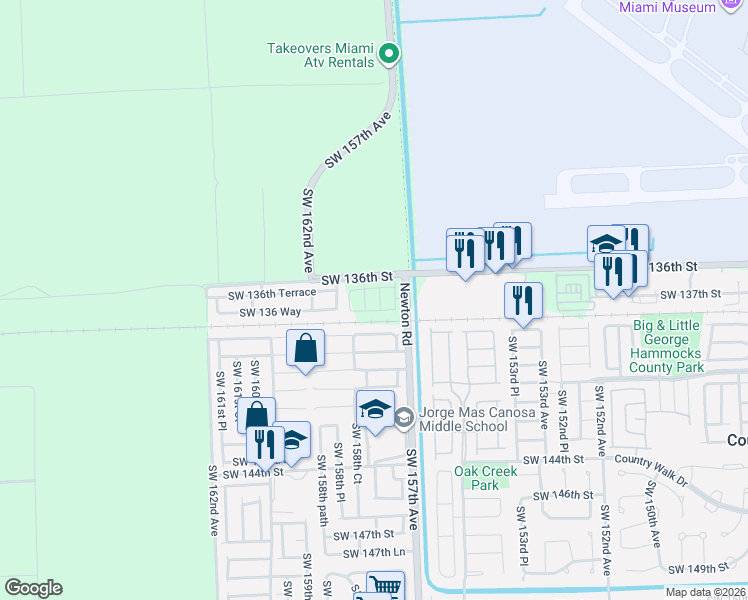 map of restaurants, bars, coffee shops, grocery stores, and more near 14508 Southwest 158th Path in Miami