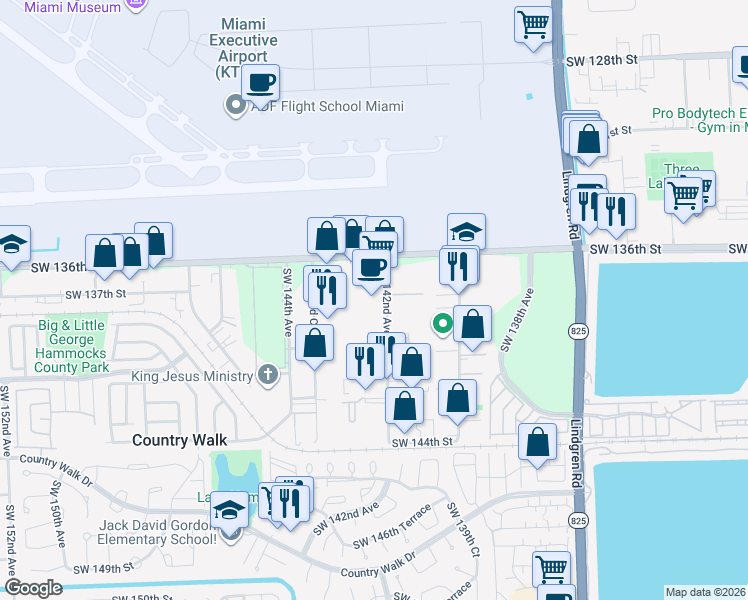 map of restaurants, bars, coffee shops, grocery stores, and more near 14250 Southwest 136th Street in Miami