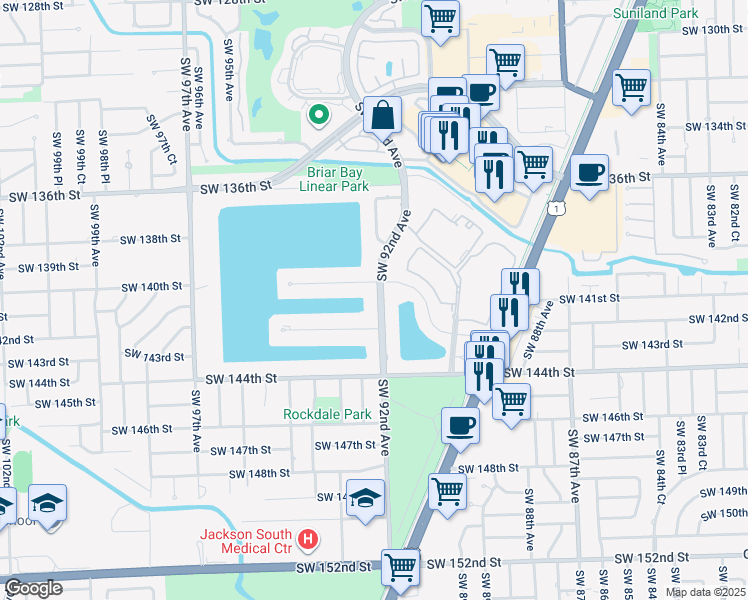 map of restaurants, bars, coffee shops, grocery stores, and more near 14020 Southwest 92nd Avenue in Miami