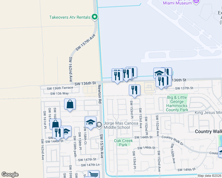map of restaurants, bars, coffee shops, grocery stores, and more near 15700 Southwest 136th Street in Miami