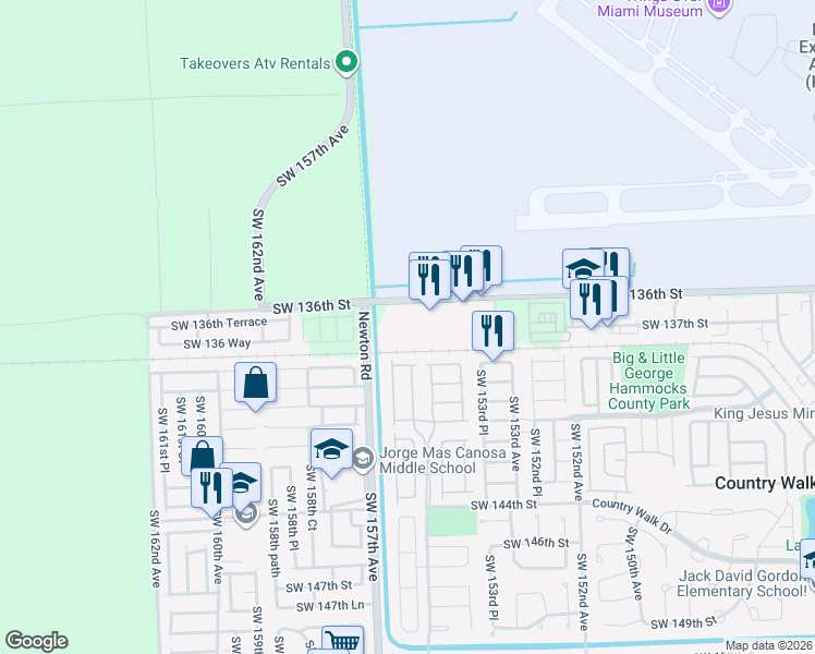 map of restaurants, bars, coffee shops, grocery stores, and more near 15700 Southwest 136th Street in Miami
