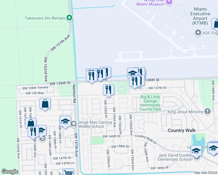 map of restaurants, bars, coffee shops, grocery stores, and more near 15350 Southwest 136th Street in Miami