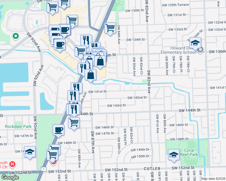 map of restaurants, bars, coffee shops, grocery stores, and more near 8475 Southwest 141st Street in Palmetto Bay