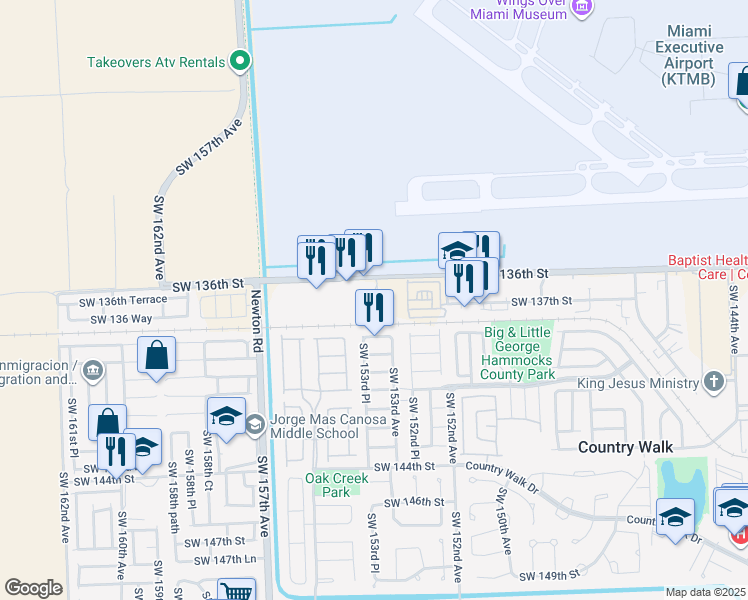 map of restaurants, bars, coffee shops, grocery stores, and more near 15350 Southwest 136th Street in Miami