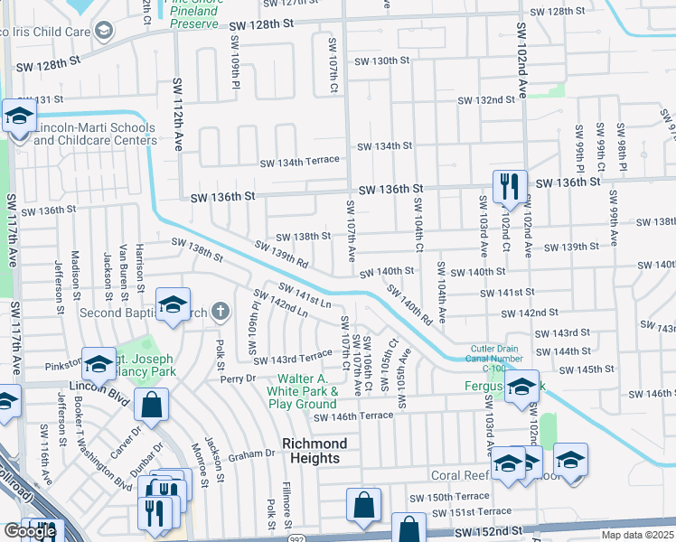 map of restaurants, bars, coffee shops, grocery stores, and more near 13940 Southwest 107th Avenue in Miami