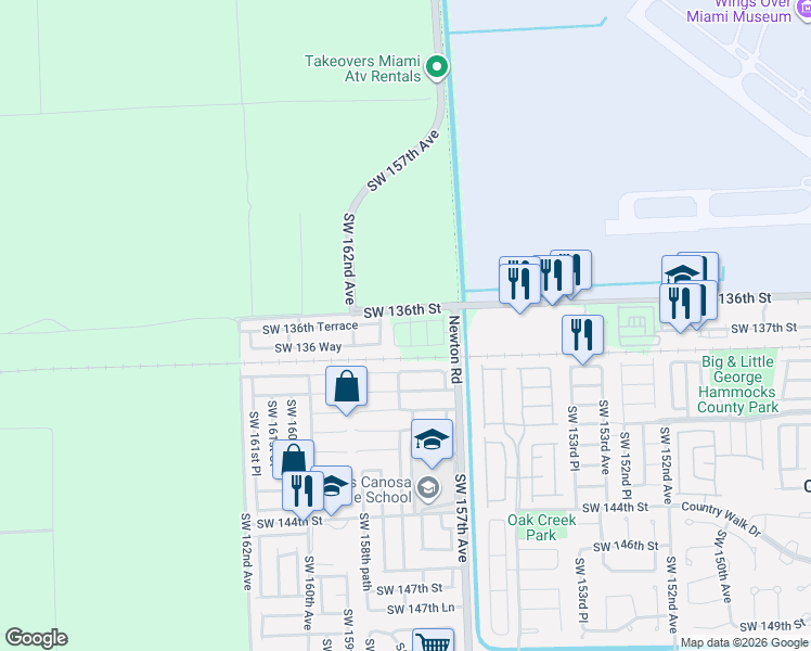 map of restaurants, bars, coffee shops, grocery stores, and more near 14508 Southwest 158th Path in Miami