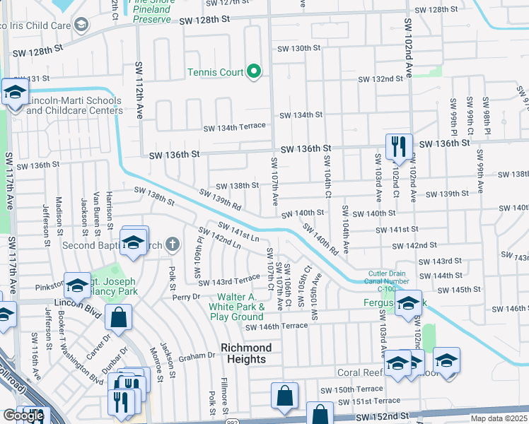 map of restaurants, bars, coffee shops, grocery stores, and more near 13940 Southwest 107th Avenue in Miami