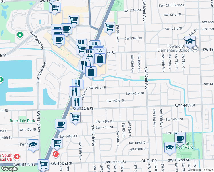 map of restaurants, bars, coffee shops, grocery stores, and more near 8475 Southwest 141st Street in Palmetto Bay