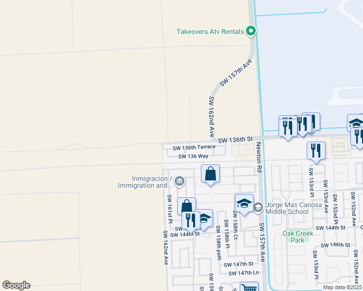 map of restaurants, bars, coffee shops, grocery stores, and more near 16005 Southwest 136th Terrace in Miami