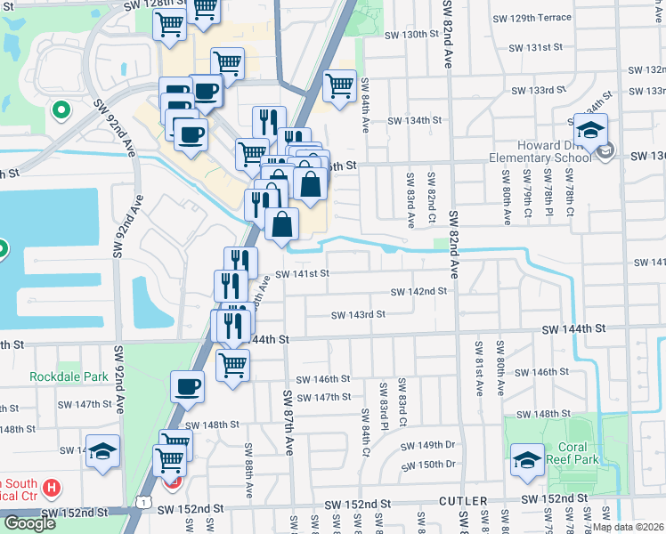 map of restaurants, bars, coffee shops, grocery stores, and more near 8475 Southwest 141st Street in Palmetto Bay