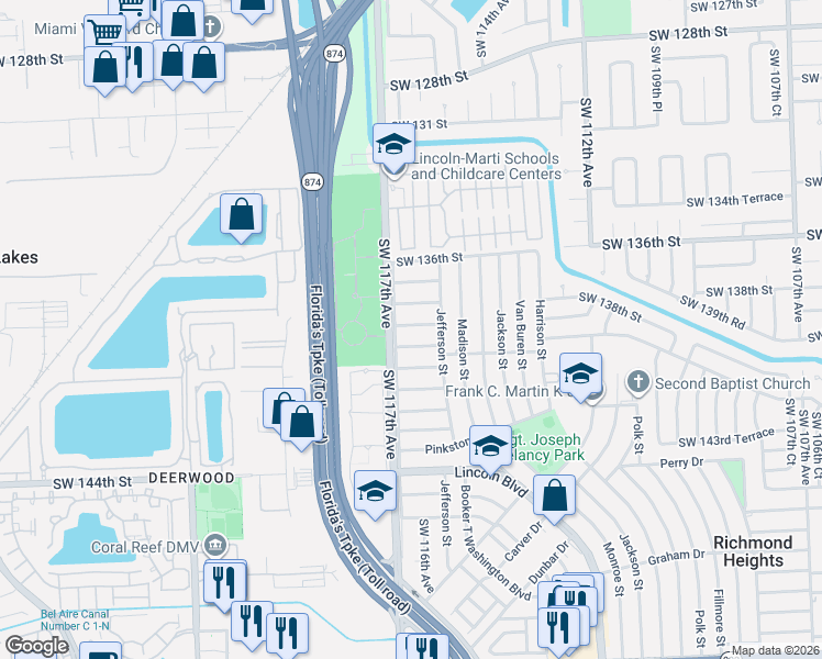 map of restaurants, bars, coffee shops, grocery stores, and more near 11600 Southwest 138th Terrace in Miami