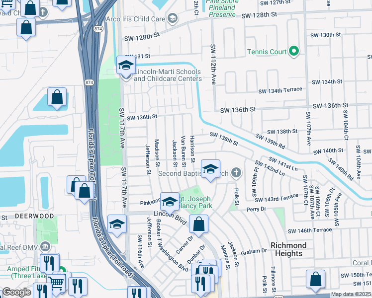 map of restaurants, bars, coffee shops, grocery stores, and more near 13901 Van Buren Street in Miami