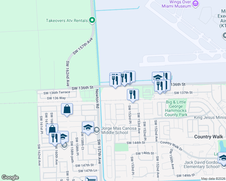 map of restaurants, bars, coffee shops, grocery stores, and more near 15450 Southwest 136th Street in Miami