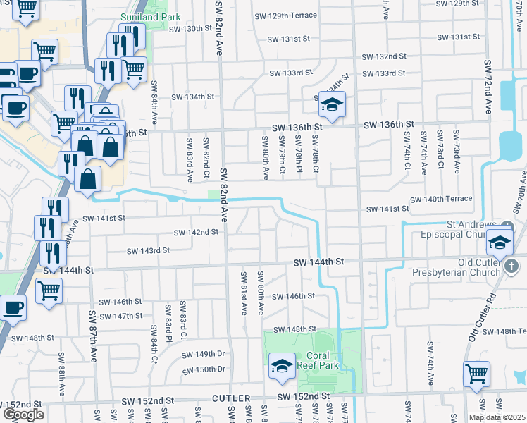 map of restaurants, bars, coffee shops, grocery stores, and more near 7990 Southwest 140th Terrace in Palmetto Bay