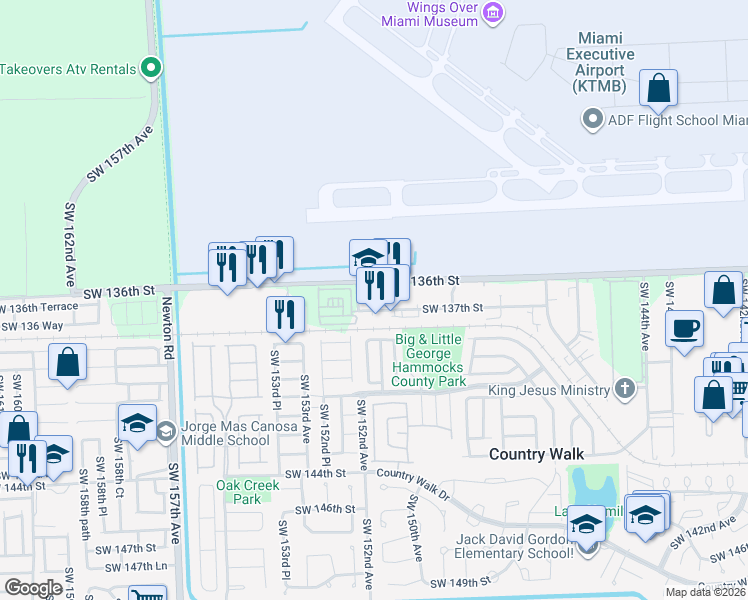 map of restaurants, bars, coffee shops, grocery stores, and more near 15075 Southwest 137th Street in Miami