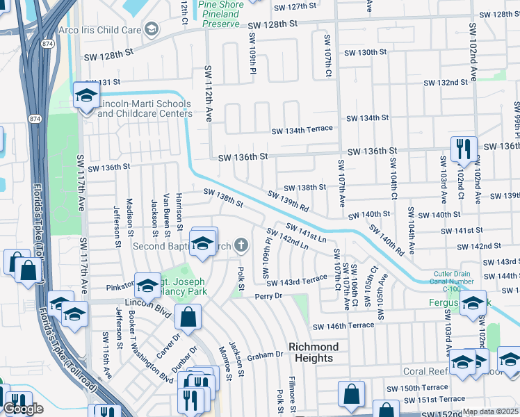 map of restaurants, bars, coffee shops, grocery stores, and more near 10965 Southwest 138th Street in Miami