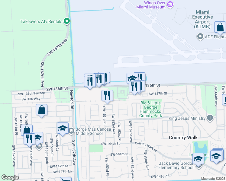 map of restaurants, bars, coffee shops, grocery stores, and more near 15350 Southwest 136th Street in Miami