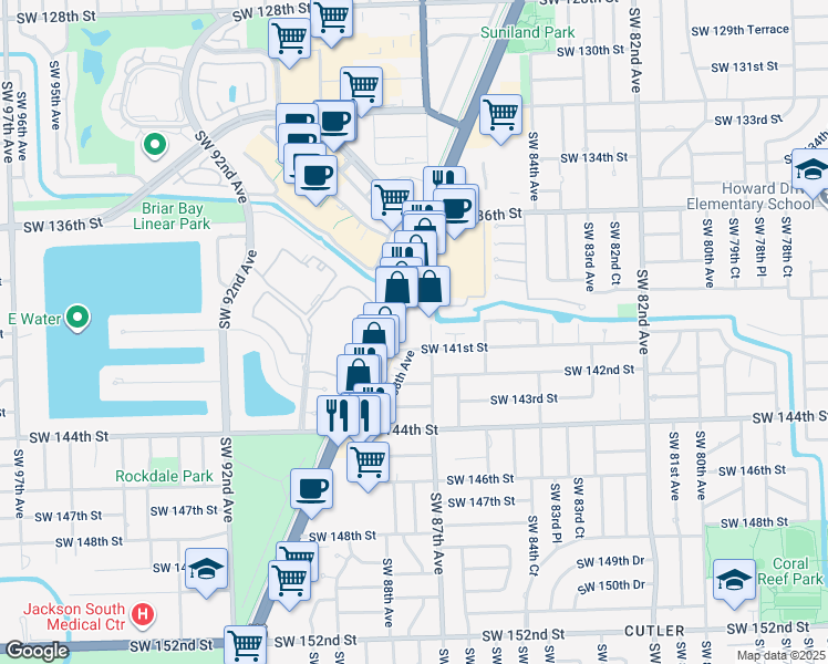 map of restaurants, bars, coffee shops, grocery stores, and more near 14095 South Dixie Highway in Miami