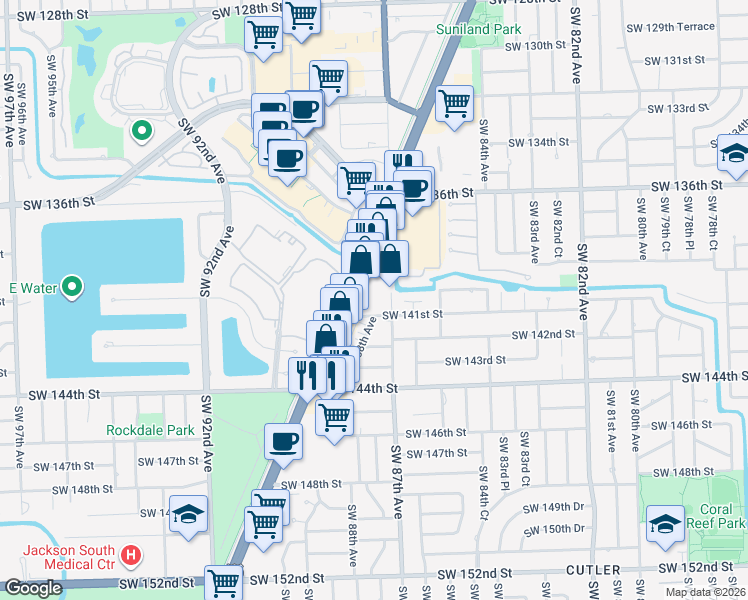 map of restaurants, bars, coffee shops, grocery stores, and more near 14095 South Dixie Highway in Miami