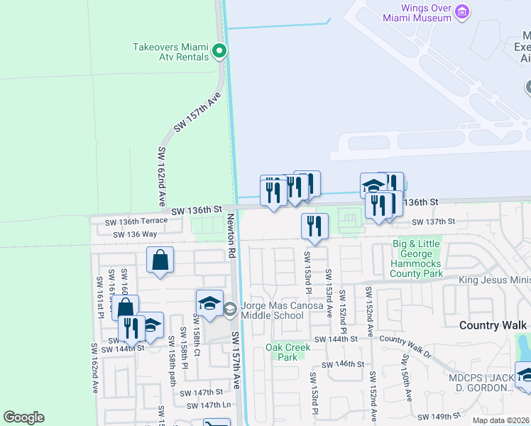 map of restaurants, bars, coffee shops, grocery stores, and more near 15450 Southwest 136th Street in Miami
