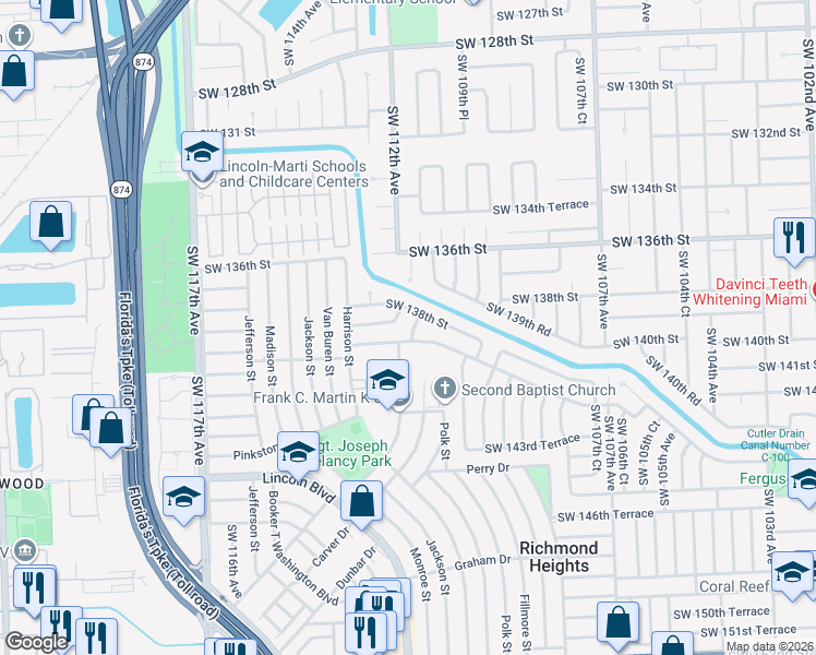 map of restaurants, bars, coffee shops, grocery stores, and more near 13912 Southwest 111th Place in Miami