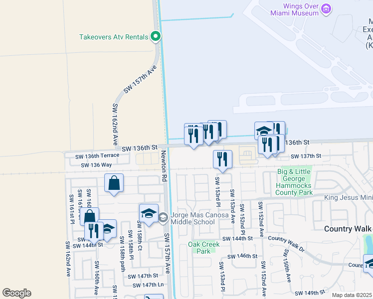 map of restaurants, bars, coffee shops, grocery stores, and more near 15450 Southwest 136th Street in Miami