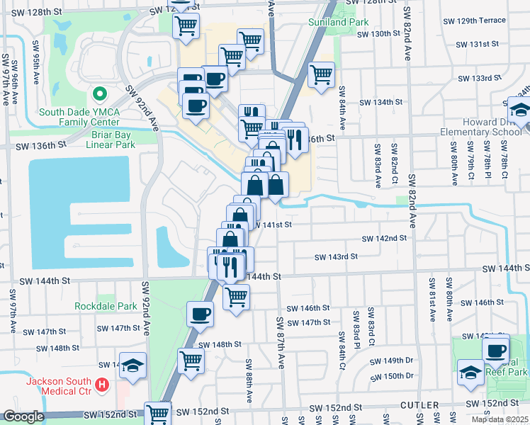 map of restaurants, bars, coffee shops, grocery stores, and more near 8701 Southwest 141st Street in Palmetto Bay