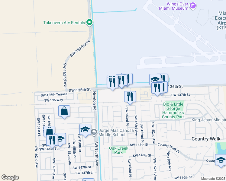 map of restaurants, bars, coffee shops, grocery stores, and more near 15450 Southwest 136th Street in Miami