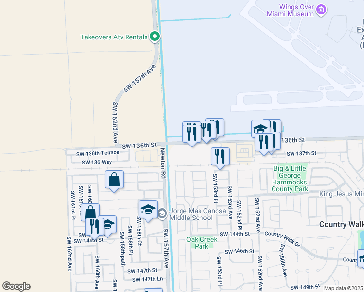 map of restaurants, bars, coffee shops, grocery stores, and more near 15700 Southwest 136th Street in Miami