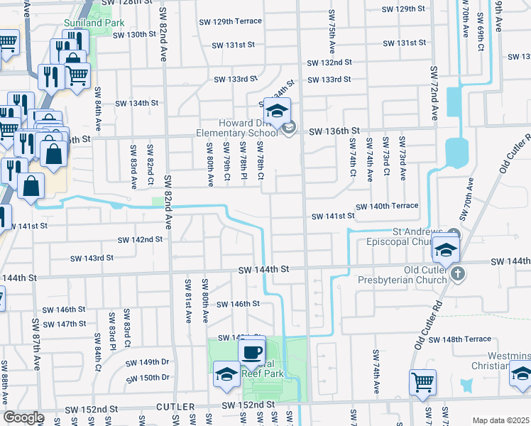 map of restaurants, bars, coffee shops, grocery stores, and more near 7840 Southwest 141st Street in Palmetto Bay