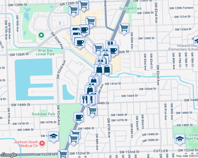 map of restaurants, bars, coffee shops, grocery stores, and more near 14095 South Dixie Highway in Miami