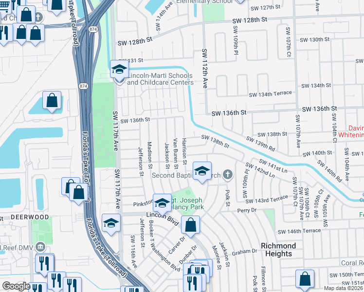 map of restaurants, bars, coffee shops, grocery stores, and more near 13901 Van Buren Street in Miami