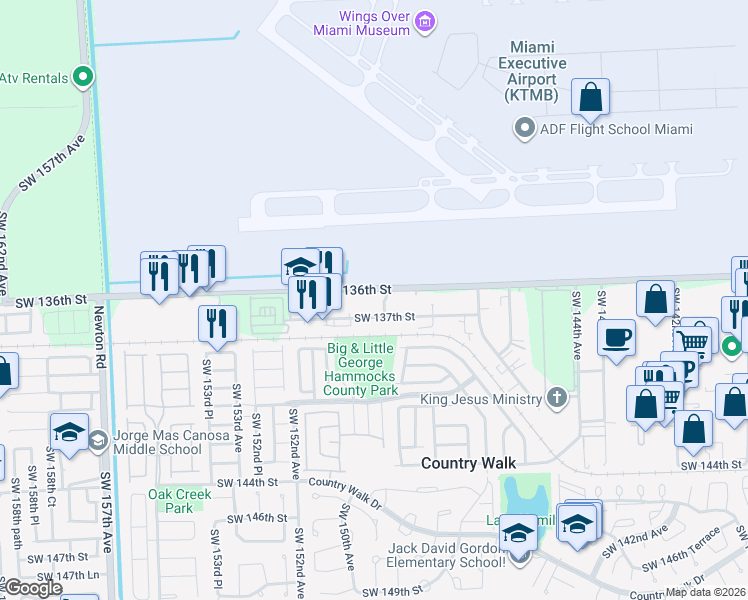 map of restaurants, bars, coffee shops, grocery stores, and more near 14901 Southwest 137th Street in Miami