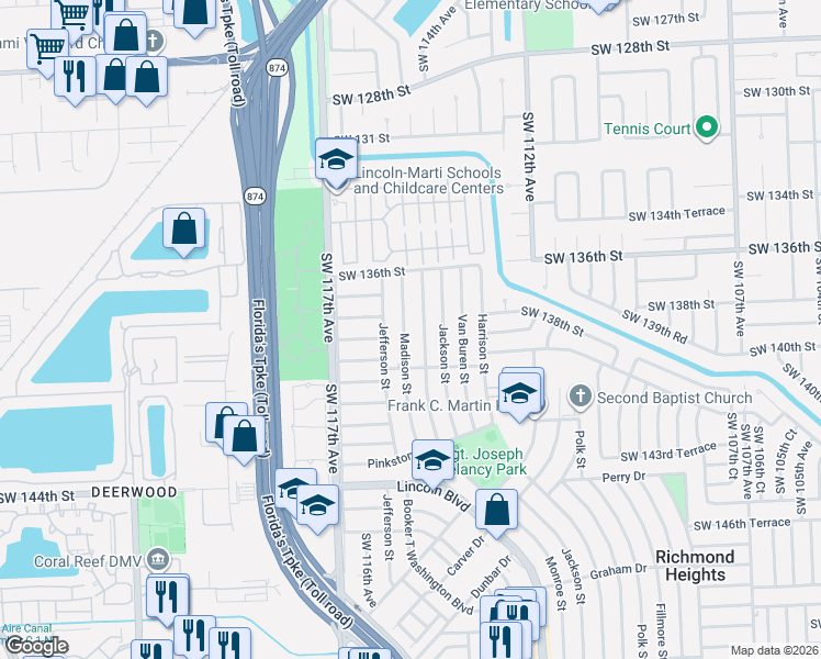 map of restaurants, bars, coffee shops, grocery stores, and more near 13901 Monroe Street in Miami
