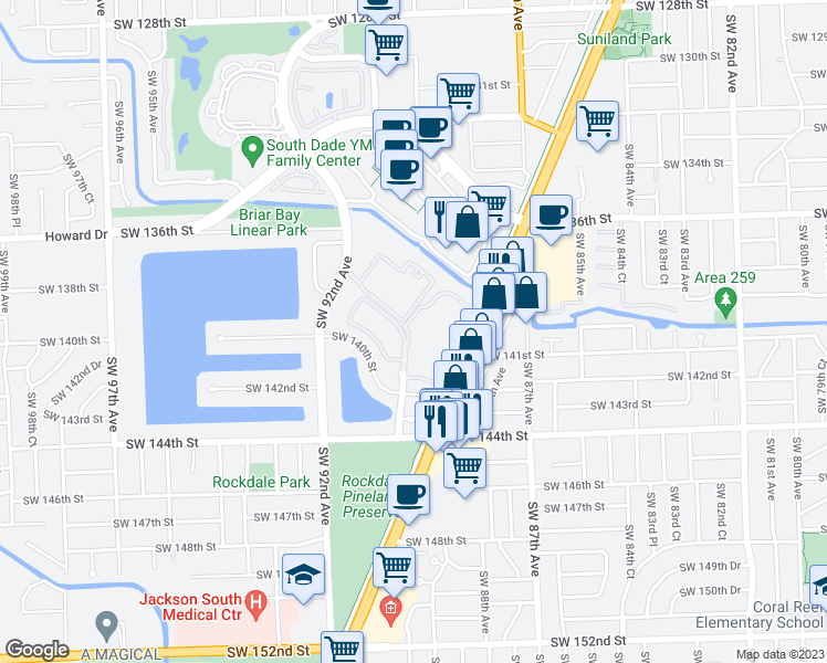 map of restaurants, bars, coffee shops, grocery stores, and more near 13923 Southwest 90th Avenue in Miami