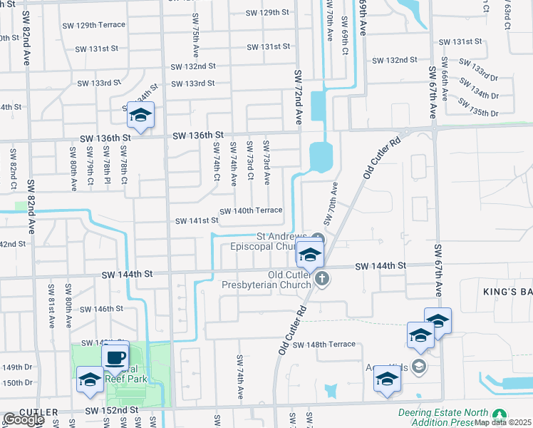 map of restaurants, bars, coffee shops, grocery stores, and more near 7295 Southwest 141st Terrace in Palmetto Bay