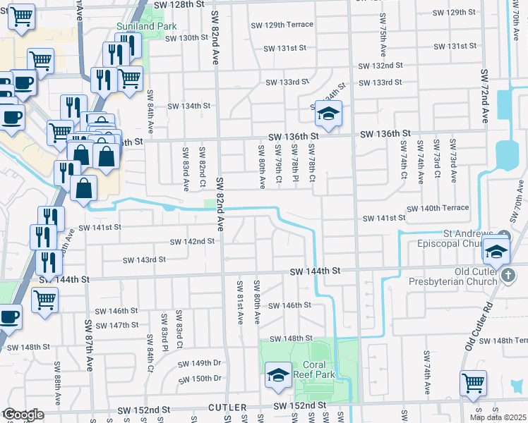 map of restaurants, bars, coffee shops, grocery stores, and more near 7990 Southwest 140th Terrace in Palmetto Bay