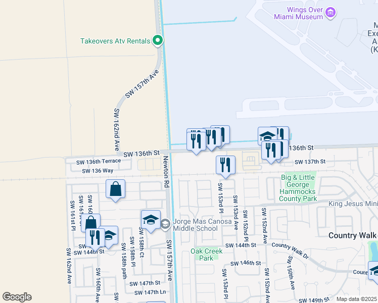 map of restaurants, bars, coffee shops, grocery stores, and more near 15450 Southwest 136th Street in Miami