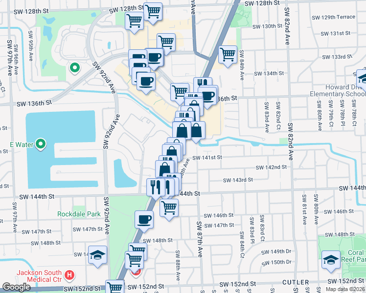 map of restaurants, bars, coffee shops, grocery stores, and more near 14095 South Dixie Highway in Miami