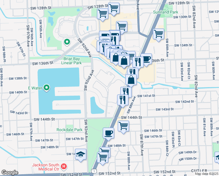 map of restaurants, bars, coffee shops, grocery stores, and more near 13718 Southwest 90th Avenue in Miami