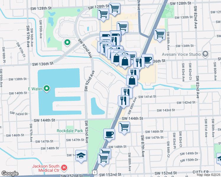map of restaurants, bars, coffee shops, grocery stores, and more near 13718 Southwest 90th Avenue in Miami