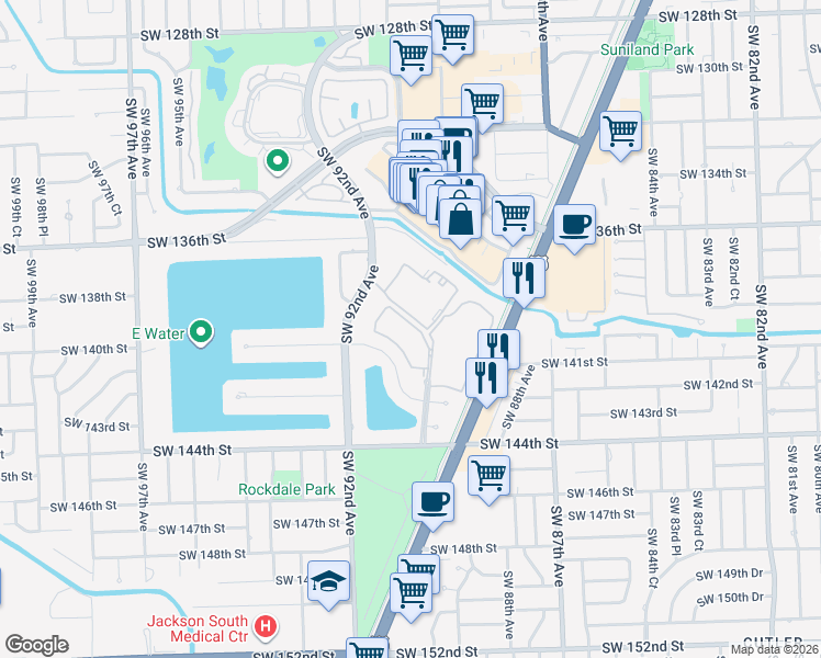 map of restaurants, bars, coffee shops, grocery stores, and more near 13874 Southwest 90th Avenue in Miami