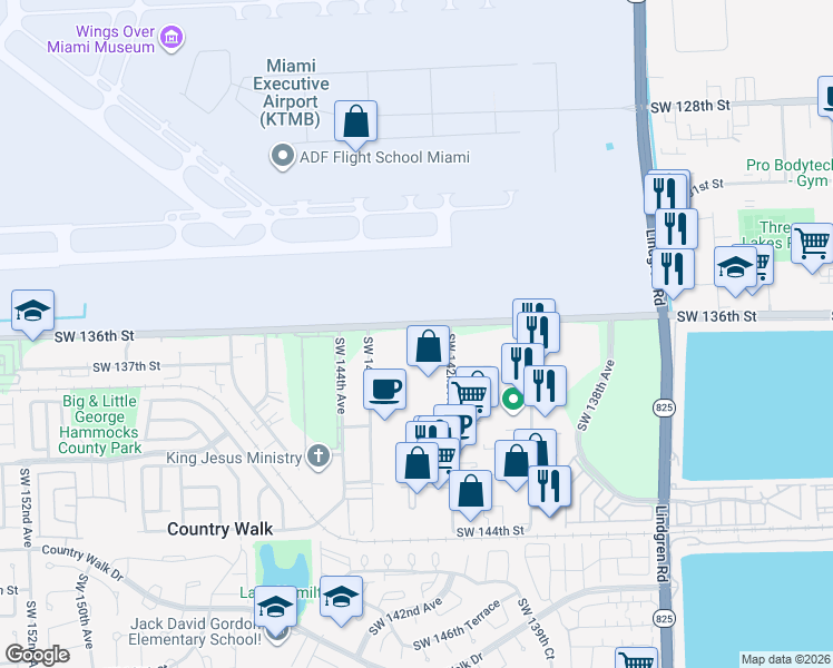 map of restaurants, bars, coffee shops, grocery stores, and more near 14212 Southwest 136th Street in Miami
